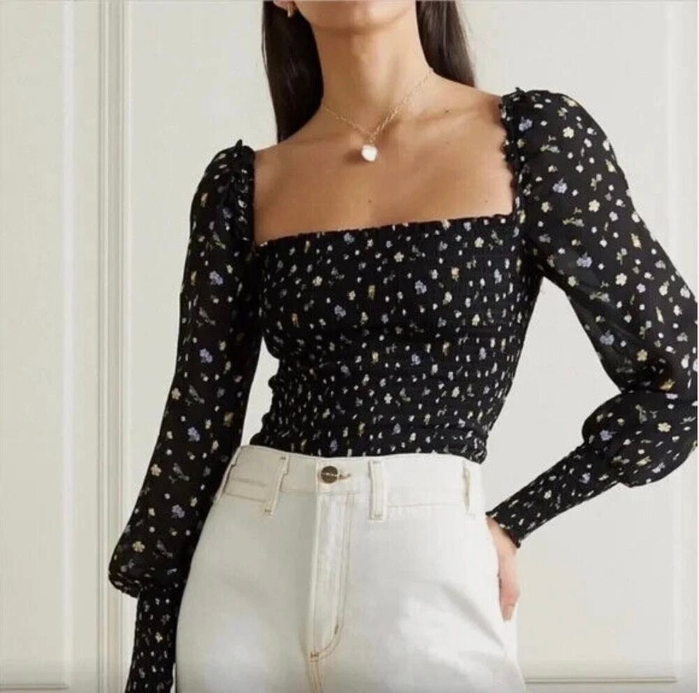 Reformation Blouse Top Pinto Smocked Puff Sleeve Jolene Ditsy Floral Black Small